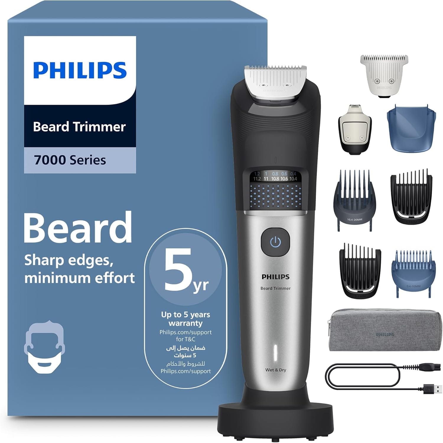 Philips Beard Trimmer BT7670/15 | 40 length settings 0.4–20 mm | Catches cut hairs to reduce mess | Wet & dry | 120 min cordless | USB-A charging | Charging stand + pouch