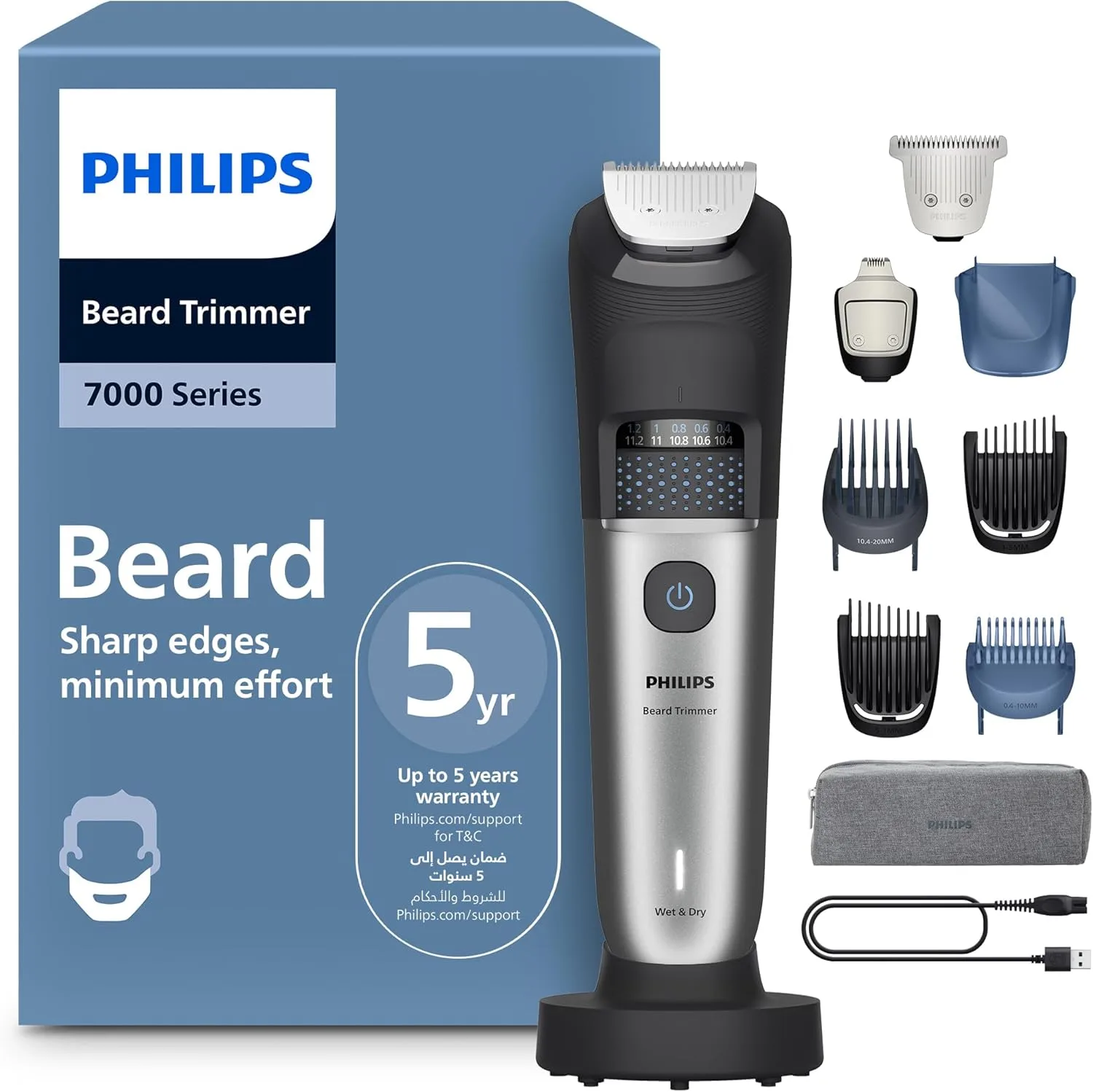 Philips Beard Trimmer BT7670/15 | 40 length settings 0.4–20 mm | Catches cut hairs to reduce mess | Wet & dry | 120 min cordless | USB-A charging | Charging stand + pouch